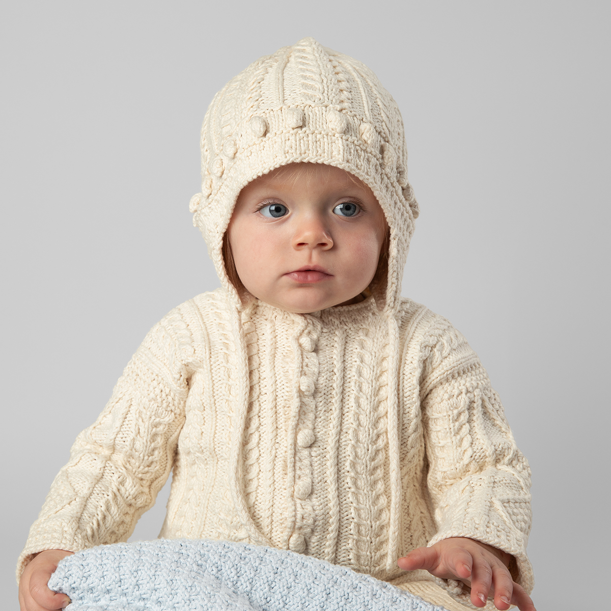 WBN Collection Aran Baby Cotton Cardigan and Earflap Hat Kit